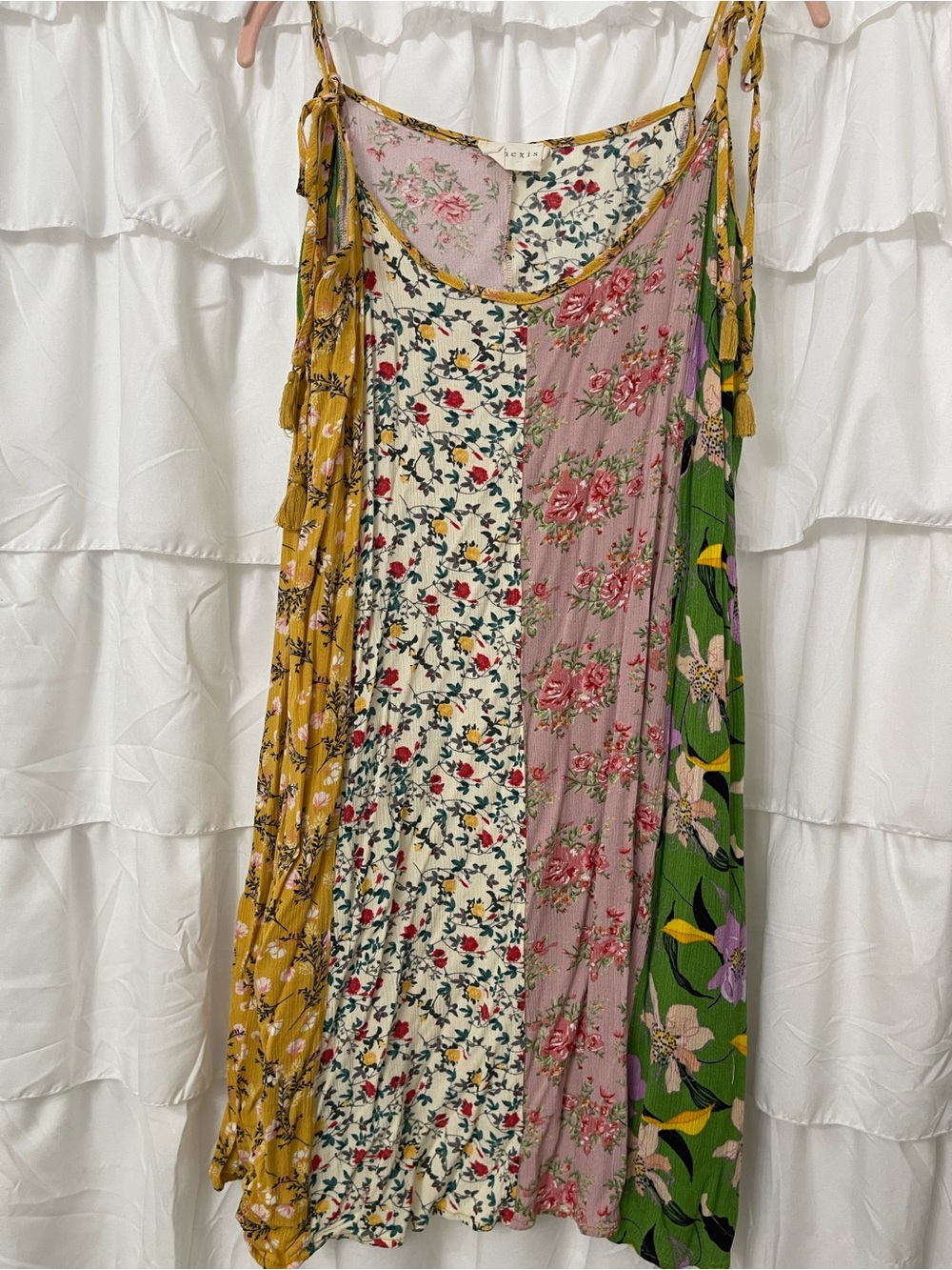 Mixed Floral Patchwork Mini Dress in Pink, Green & Mustard